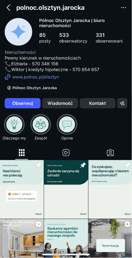 Profil Instagram biura Północ Olsztyn Jarocka po 9 miesiącach współpracy
