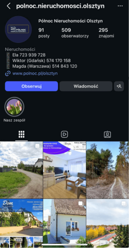 Profil Instagram biura Północ Nieruchomości Olsztyn przed współpracą
